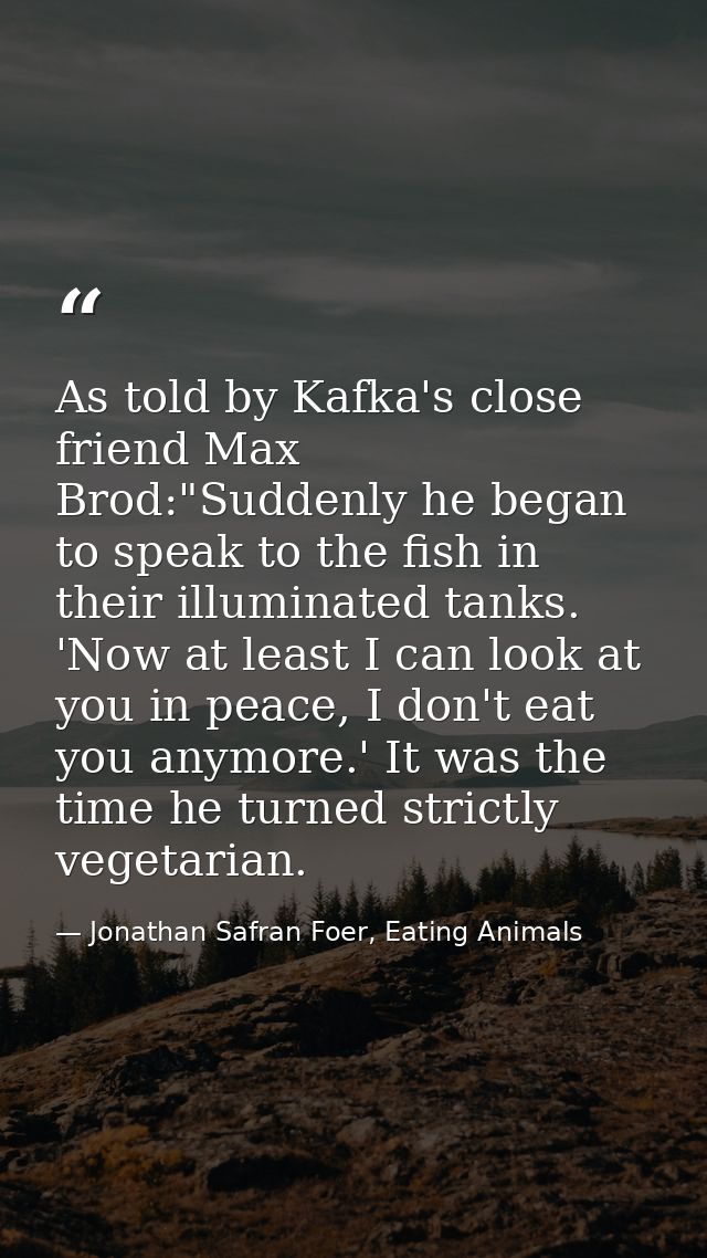 As told by Kafka's close friend Max Brod:"Suddenly he began to speak to the fish in their illuminated tanks. 'Now at lea — Jonathan Safran Foer, Eating Animals
