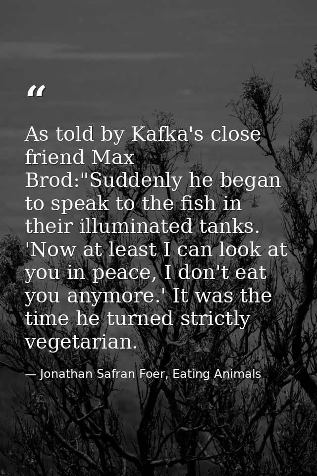As told by Kafka's close friend Max Brod:"Suddenly he began to speak to the fish in their illuminated tanks. 'Now at lea — Jonathan Safran Foer, Eating Animals