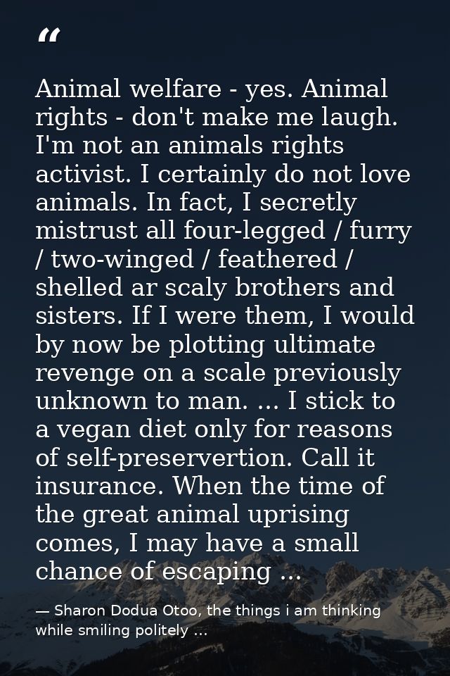 Animal welfare - yes. Animal rights - don't make me laugh. I'm not an animals rights activist. I certainly do not love a — Sharon Dodua Otoo, the things i am thinking while smiling politely …