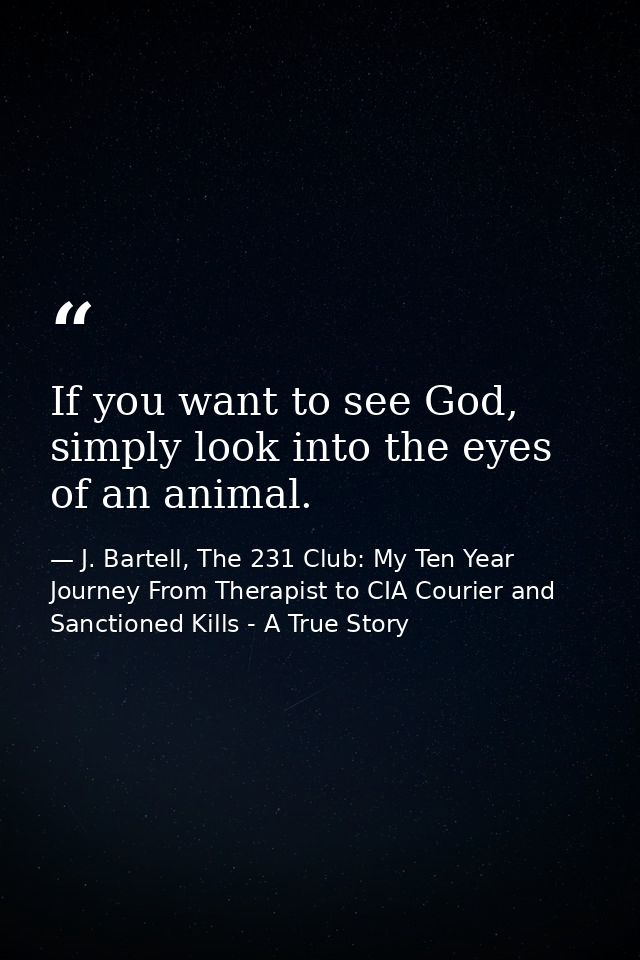 If you want to see God, simply look into the eyes of an animal. — J. Bartell, The 231 Club: My Ten Year Journey From Therapist to CIA Courier and Sanctioned Kills - A True Story