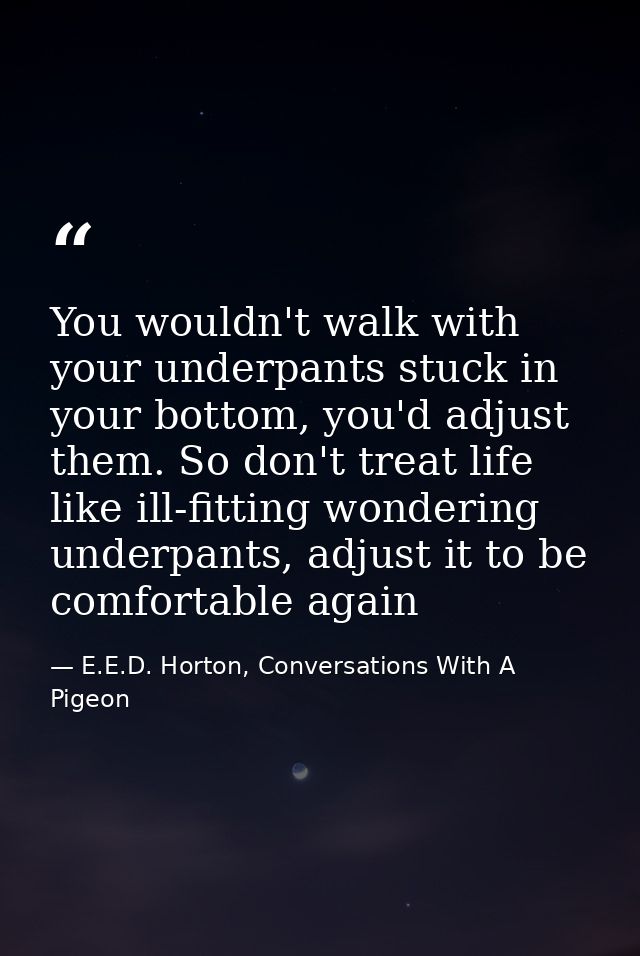You wouldn't walk with your underpants stuck in your bottom, you'd adjust them. So don't treat life like ill-fitting won — E.E.D. Horton, Conversations With A Pigeon