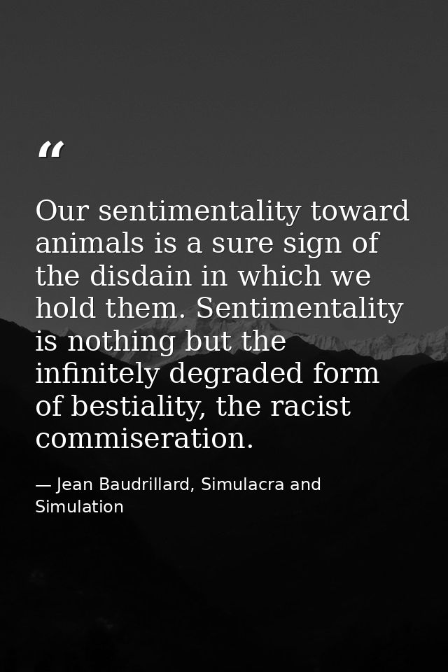 Our sentimentality toward animals is a sure sign of the disdain in which we hold them. Sentimentality is nothing but the — Jean Baudrillard, Simulacra and Simulation