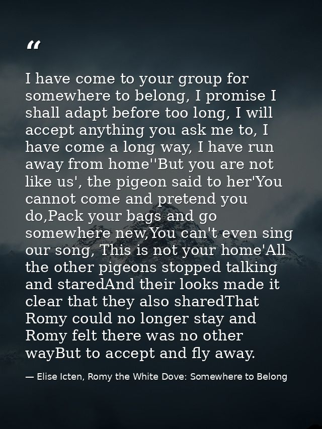I have come to your group for somewhere to belong, I promise I shall adapt before too long, I will accept anything you a — Elise Icten, Romy the White Dove: Somewhere to Belong