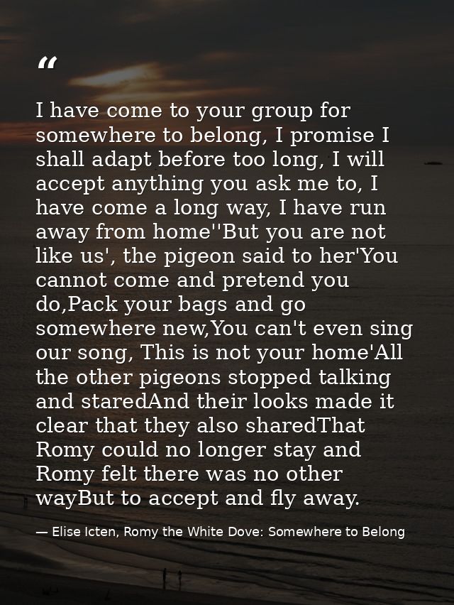 I have come to your group for somewhere to belong, I promise I shall adapt before too long, I will accept anything you a — Elise Icten, Romy the White Dove: Somewhere to Belong