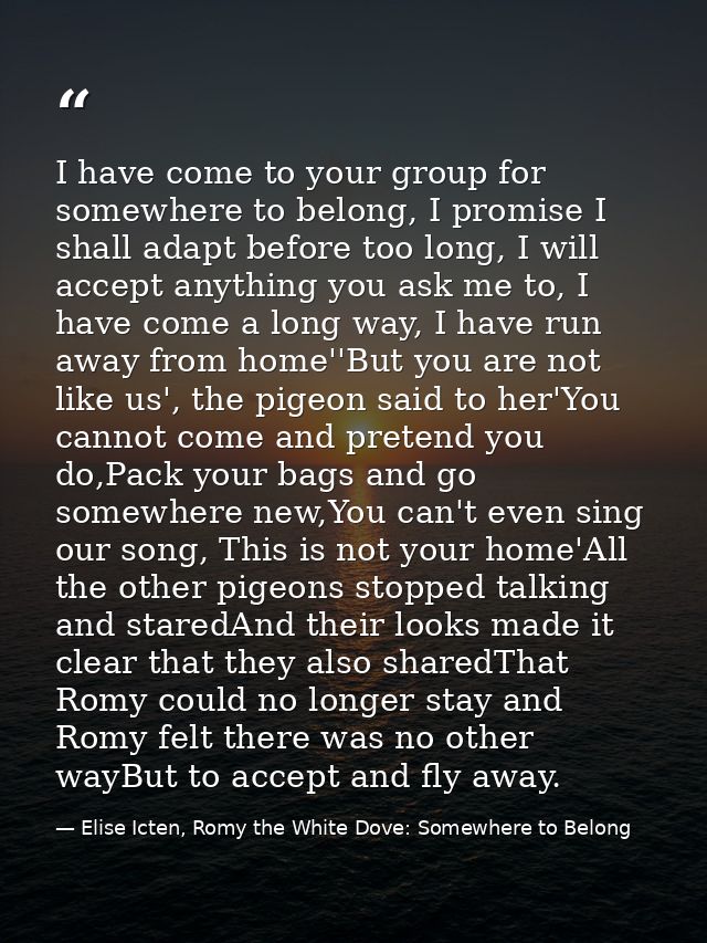 I have come to your group for somewhere to belong, I promise I shall adapt before too long, I will accept anything you a — Elise Icten, Romy the White Dove: Somewhere to Belong