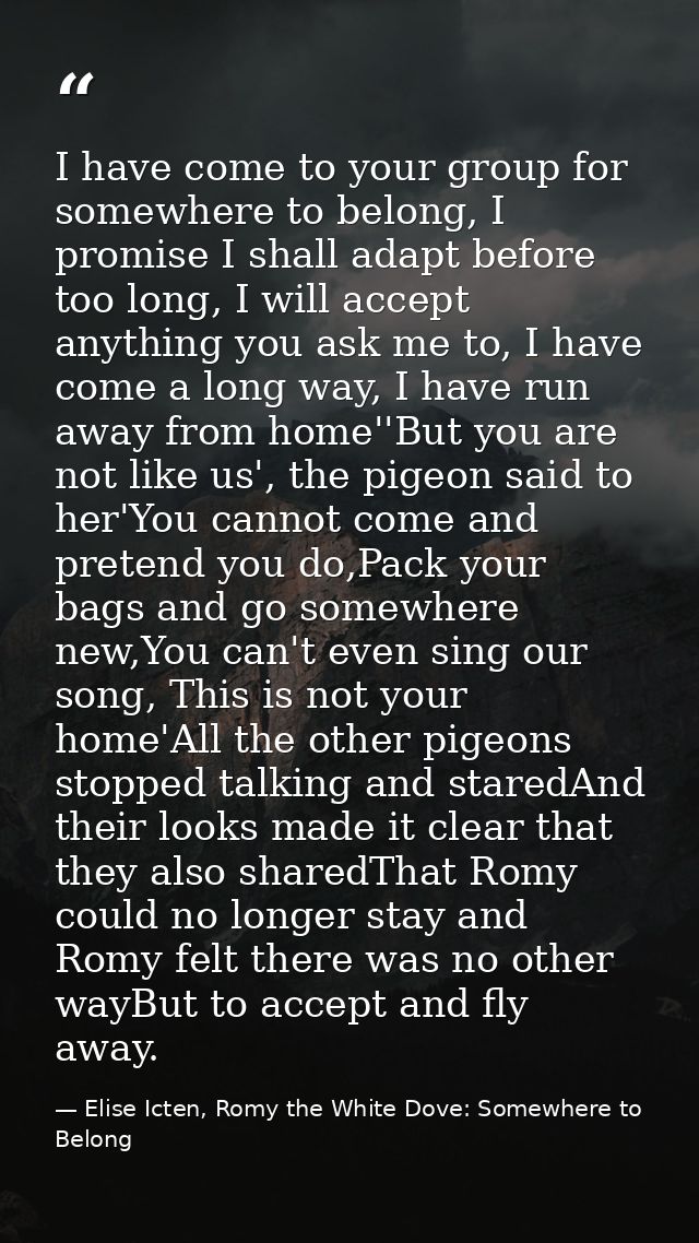 I have come to your group for somewhere to belong, I promise I shall adapt before too long, I will accept anything you a — Elise Icten, Romy the White Dove: Somewhere to Belong