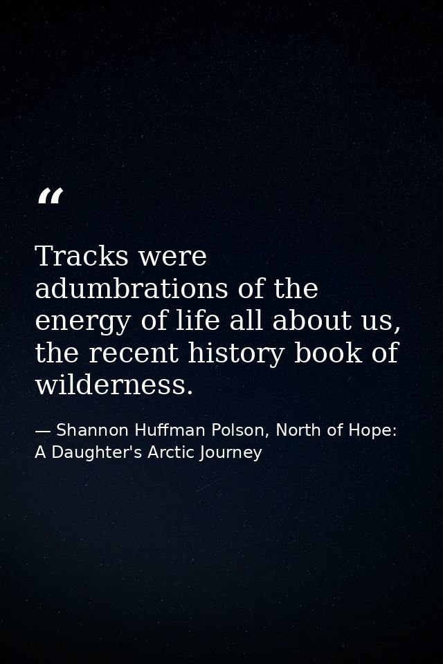 Tracks were adumbrations of the energy of life all about us, the recent history book of wilderness. — Shannon Huffman Polson, North of Hope: A Daughter's Arctic Journey