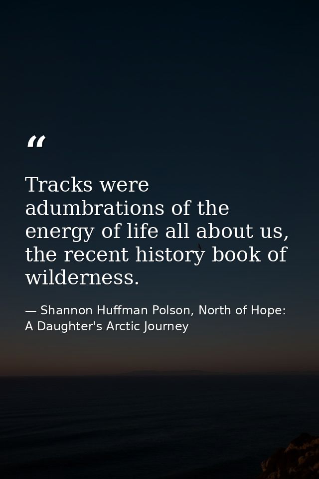 Tracks were adumbrations of the energy of life all about us, the recent history book of wilderness. — Shannon Huffman Polson, North of Hope: A Daughter's Arctic Journey