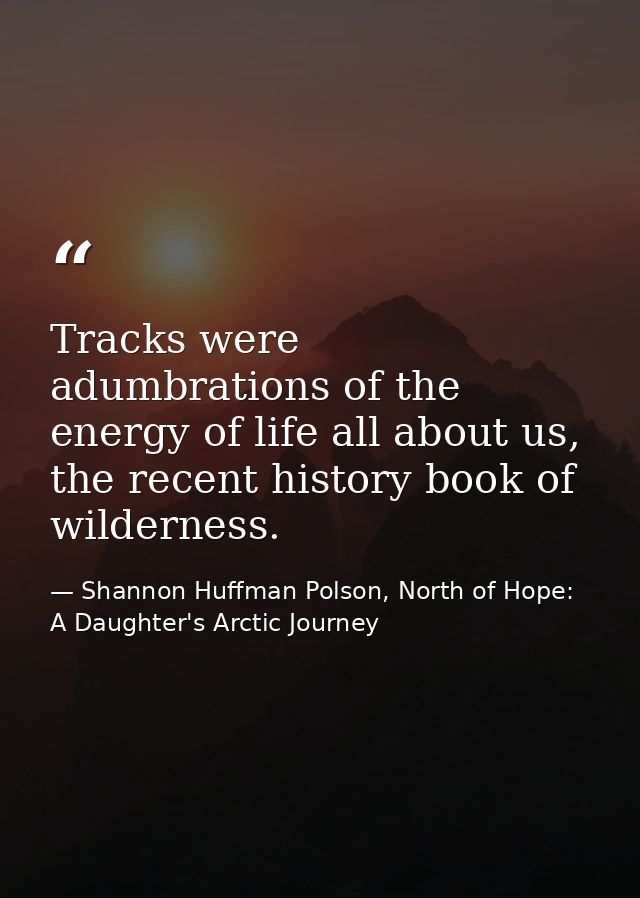 Tracks were adumbrations of the energy of life all about us, the recent history book of wilderness. — Shannon Huffman Polson, North of Hope: A Daughter's Arctic Journey