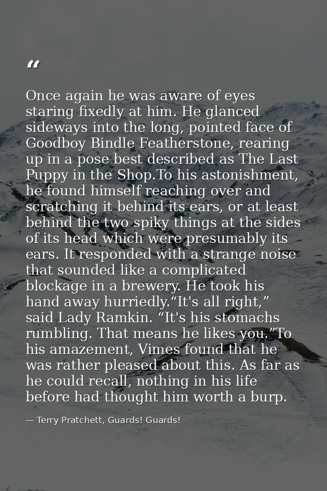 Once again he was aware of eyes staring fixedly at him. He glanced sideways into the long, pointed face of Goodboy Bindl — Terry Pratchett, Guards! Guards!