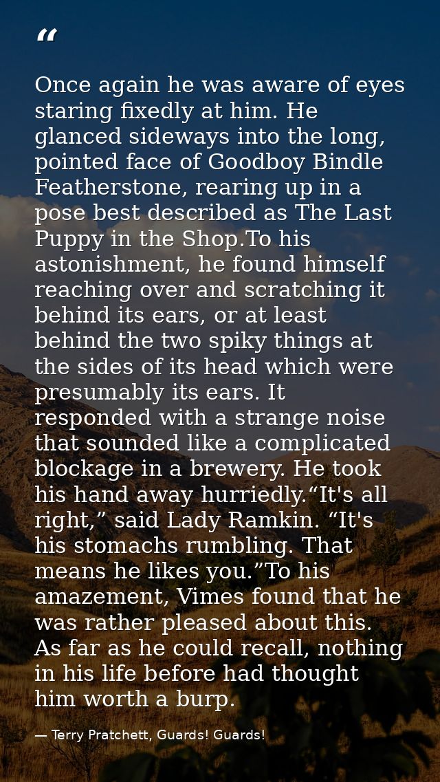 Once again he was aware of eyes staring fixedly at him. He glanced sideways into the long, pointed face of Goodboy Bindl — Terry Pratchett, Guards! Guards!