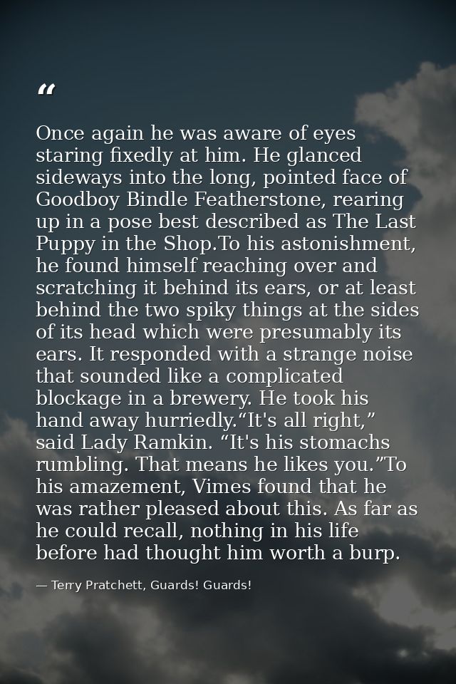 Once again he was aware of eyes staring fixedly at him. He glanced sideways into the long, pointed face of Goodboy Bindl — Terry Pratchett, Guards! Guards!