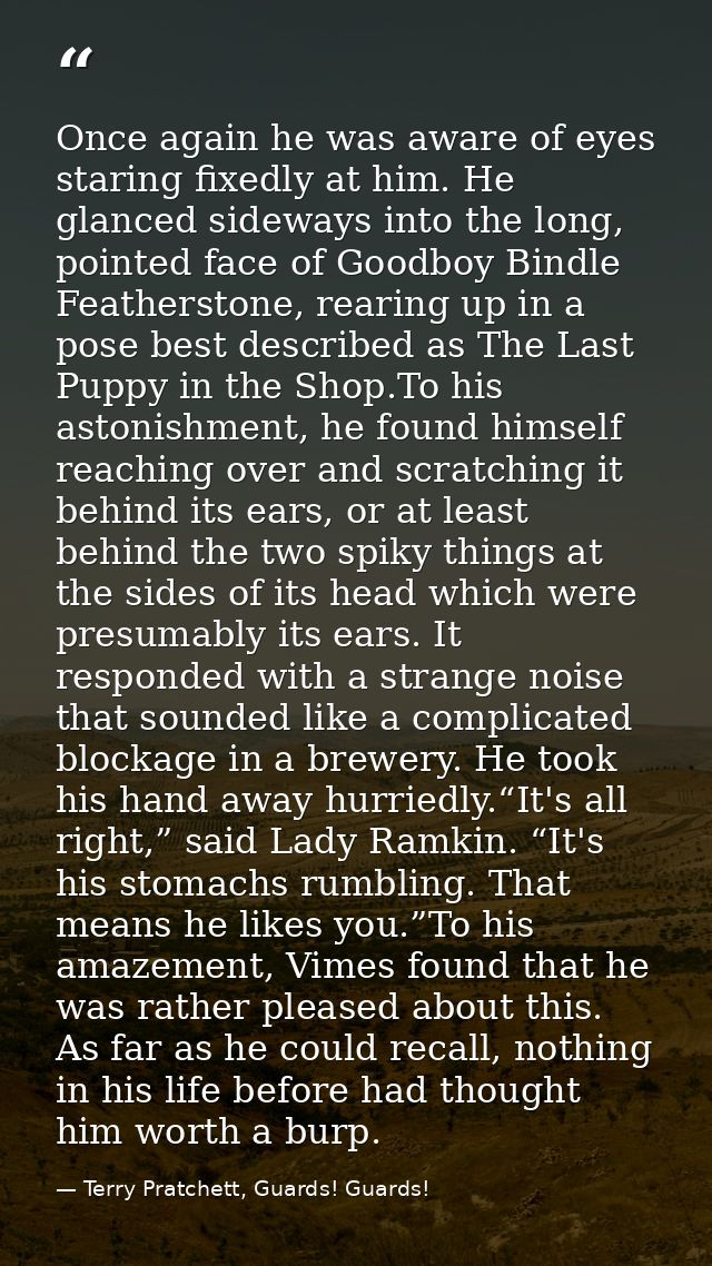 Once again he was aware of eyes staring fixedly at him. He glanced sideways into the long, pointed face of Goodboy Bindl — Terry Pratchett, Guards! Guards!