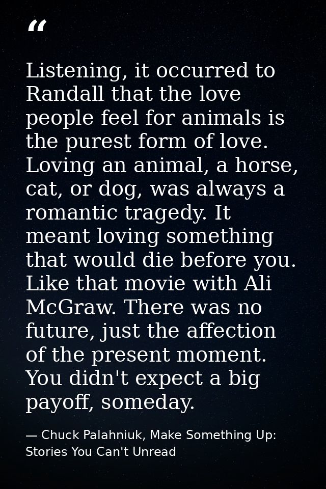 Listening, it occurred to Randall that the love people feel for animals is the purest form of love. Loving an animal, a  — Chuck Palahniuk, Make Something Up: Stories You Can't Unread