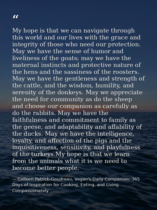 My hope is that we can navigate through this world and our lives with the grace and integrity of those who need our prot — Colleen Patrick-Goudreau, Vegan's Daily Companion: 365 Days of Inspiration for Cooking, Eating, and Living Compassionately
