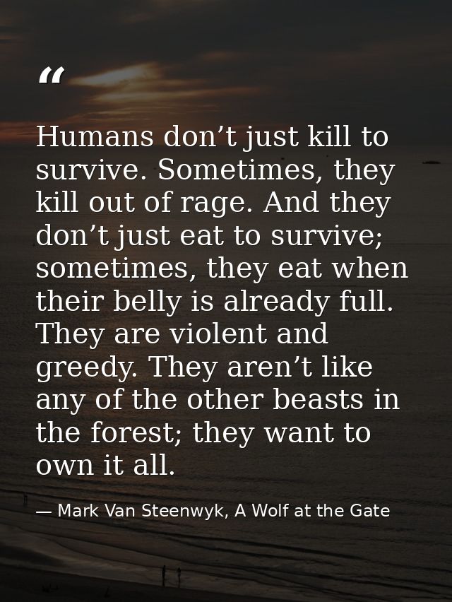 Humans don’t just kill to survive. Sometimes, they kill out of rage. And they don’t just eat to survive; sometimes, they — Mark Van Steenwyk, A Wolf at the Gate