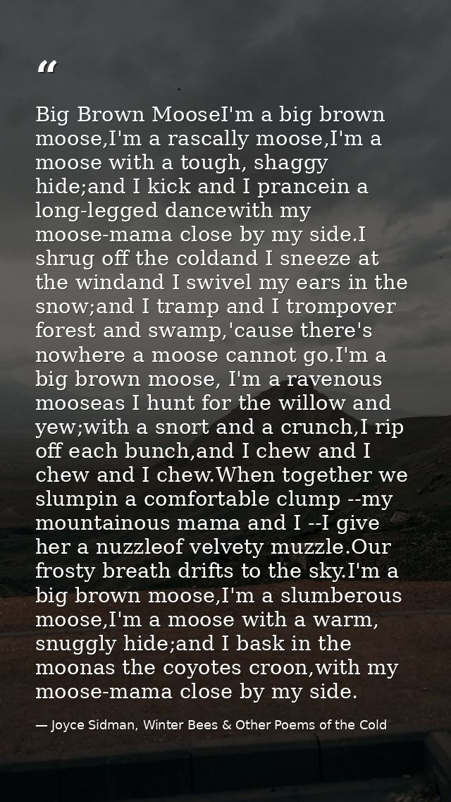 Big Brown MooseI'm a big brown moose,I'm a rascally moose,I'm a moose with a tough, shaggy hide;and I kick and I prancei — Joyce Sidman, Winter Bees & Other Poems of the Cold