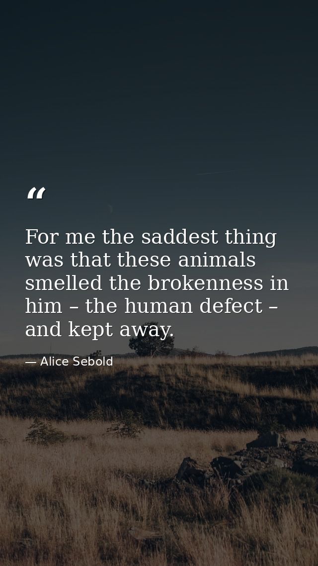 For me the saddest thing was that these animals smelled the brokenness in him – the human defect – and kept away. — Alice Sebold