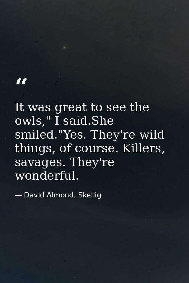 It was great to see the owls," I said.She smiled."Yes. They're wild things, of course. Killers, savages. They're wonderf — David Almond, Skellig