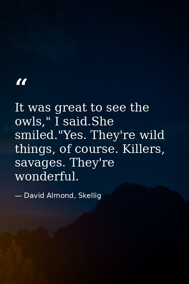 It was great to see the owls," I said.She smiled."Yes. They're wild things, of course. Killers, savages. They're wonderf — David Almond, Skellig