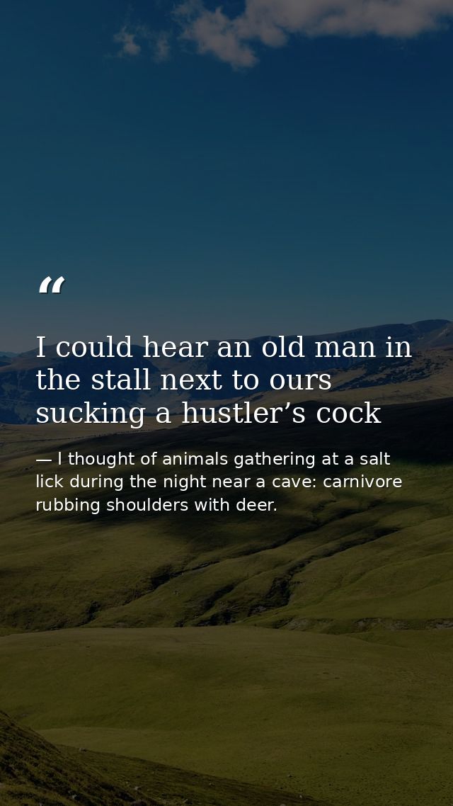 I could hear an old man in the stall next to ours sucking a hustler’s cock — I thought of animals gathering at a salt lick during the night near a cave: carnivore rubbing shoulders with deer.