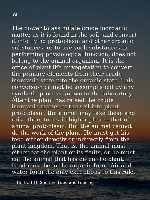 The power to assimilate crude inorganic matter as it is found in the soil, and convert it into living protoplasm and oth — Herbert M. Shelton, Food and Feeding