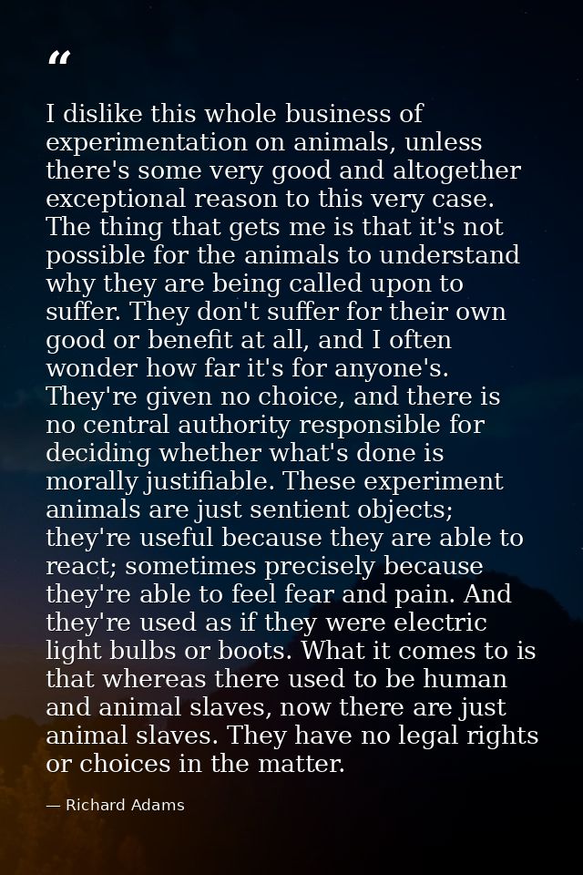 I dislike this whole business of experimentation on animals, unless there's some very good and altogether exceptional re — Richard Adams
