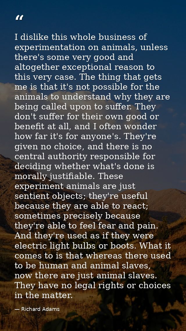 I dislike this whole business of experimentation on animals, unless there's some very good and altogether exceptional re — Richard Adams