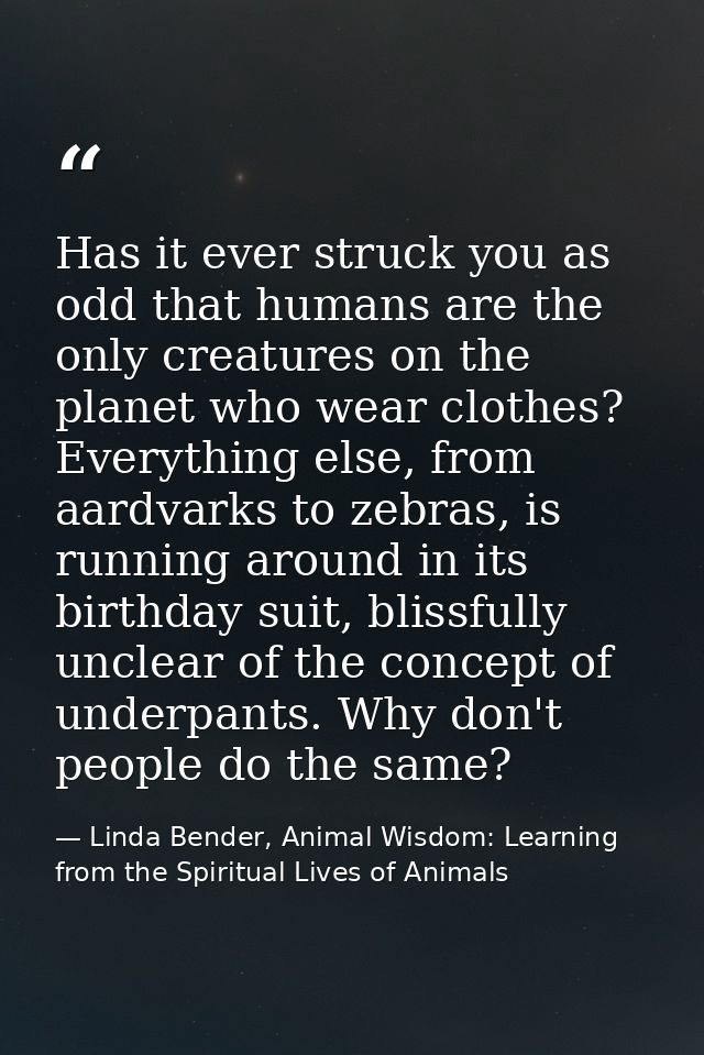 Has it ever struck you as odd that humans are the only creatures on the planet who wear clothes? Everything else, from a — Linda Bender, Animal Wisdom: Learning from the Spiritual Lives of Animals