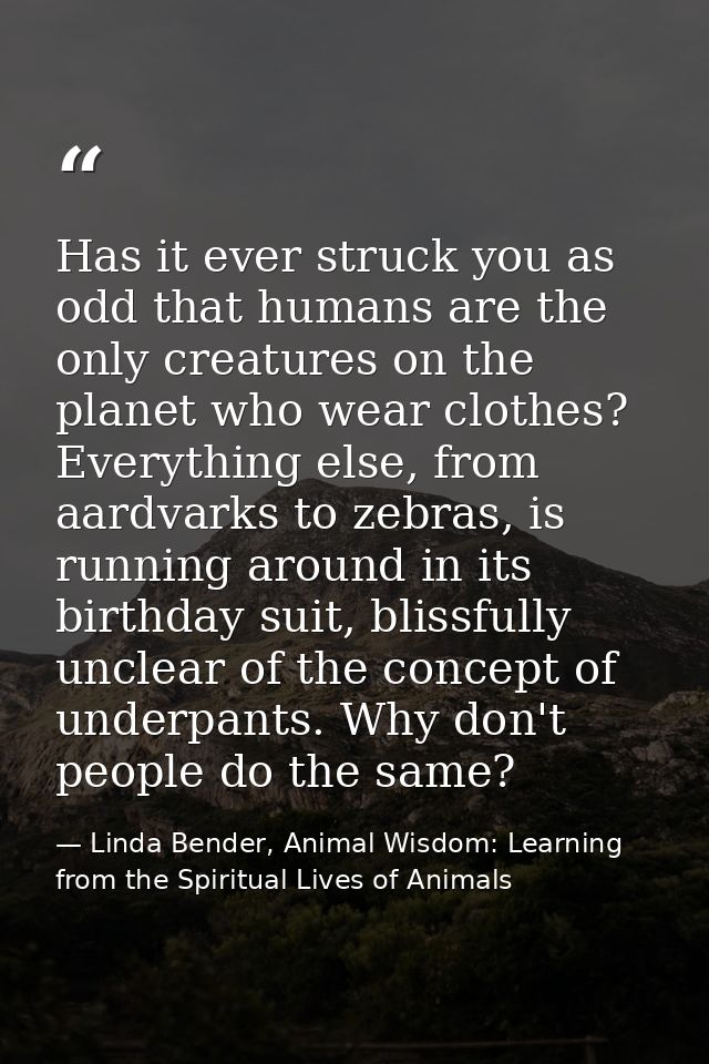 Has it ever struck you as odd that humans are the only creatures on the planet who wear clothes? Everything else, from a — Linda Bender, Animal Wisdom: Learning from the Spiritual Lives of Animals