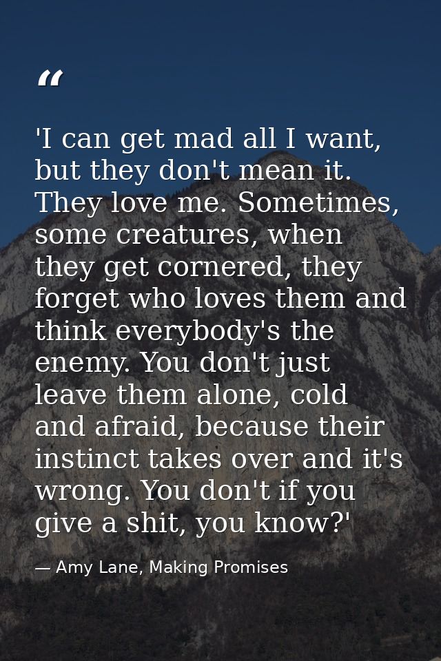 'I can get mad all I want, but they don't mean it. They love me. Sometimes, some creatures, when they get cornered, they — Amy Lane, Making Promises