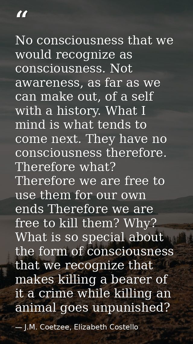 No consciousness that we would recognize as consciousness. Not awareness, as far as we can make out, of a self with a hi — J.M. Coetzee, Elizabeth Costello