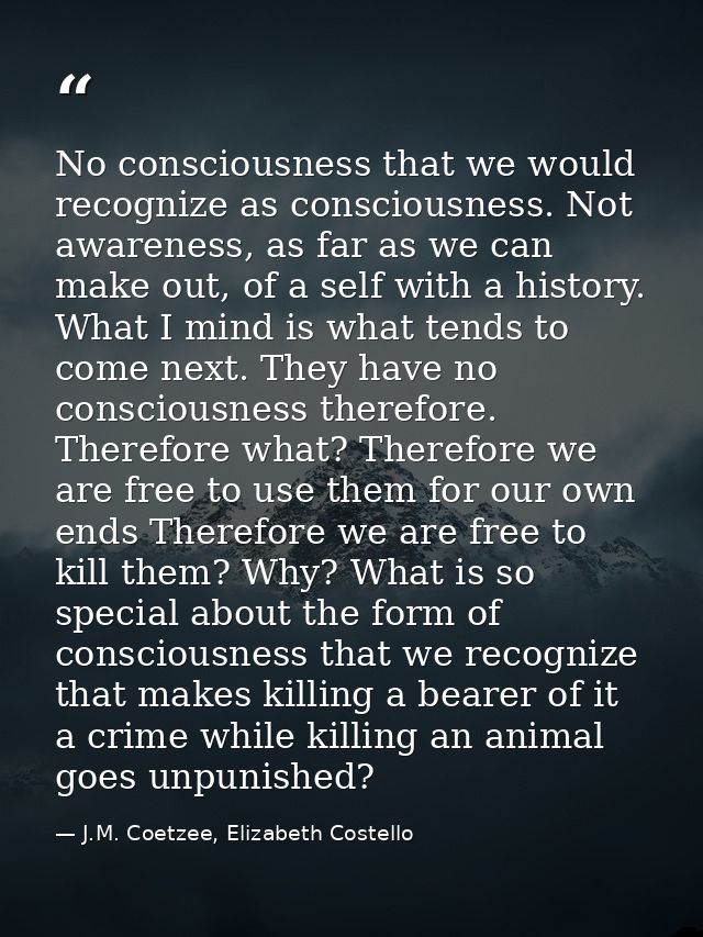No consciousness that we would recognize as consciousness. Not awareness, as far as we can make out, of a self with a hi — J.M. Coetzee, Elizabeth Costello