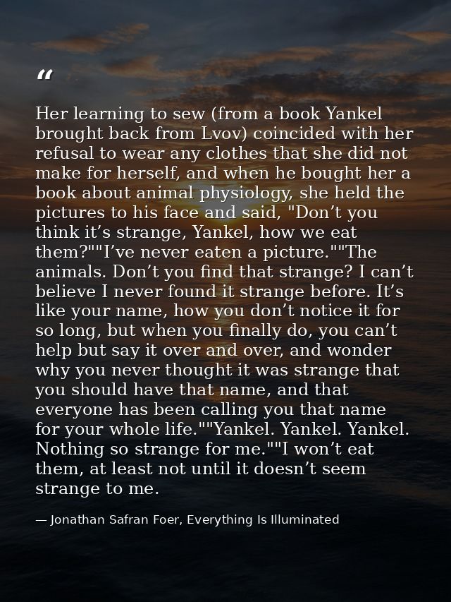 Her learning to sew (from a book Yankel brought back from Lvov) coincided with her refusal to wear any clothes that she  — Jonathan Safran Foer, Everything Is Illuminated