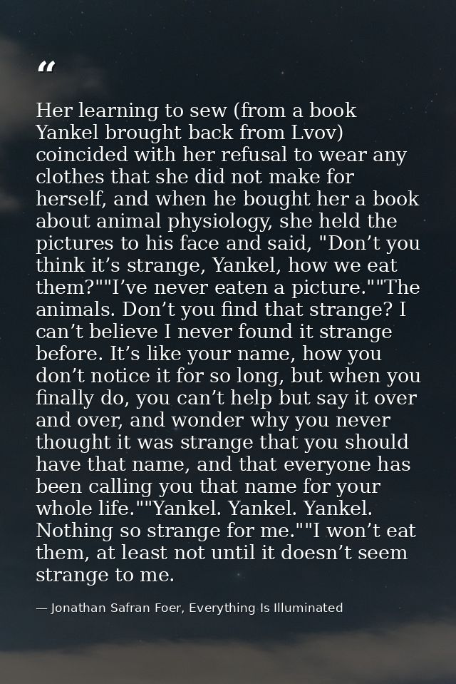 Her learning to sew (from a book Yankel brought back from Lvov) coincided with her refusal to wear any clothes that she  — Jonathan Safran Foer, Everything Is Illuminated