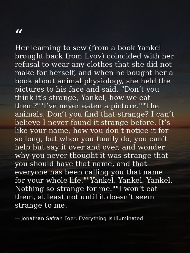 Her learning to sew (from a book Yankel brought back from Lvov) coincided with her refusal to wear any clothes that she  — Jonathan Safran Foer, Everything Is Illuminated