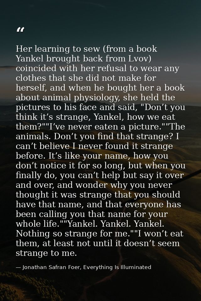 Her learning to sew (from a book Yankel brought back from Lvov) coincided with her refusal to wear any clothes that she  — Jonathan Safran Foer, Everything Is Illuminated
