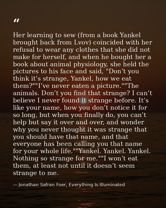 Her learning to sew (from a book Yankel brought back from Lvov) coincided with her refusal to wear any clothes that she  — Jonathan Safran Foer, Everything Is Illuminated