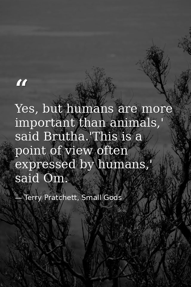 Yes, but humans are more important than animals,' said Brutha.'This is a point of view often expressed by humans,' said  — Terry Pratchett, Small Gods