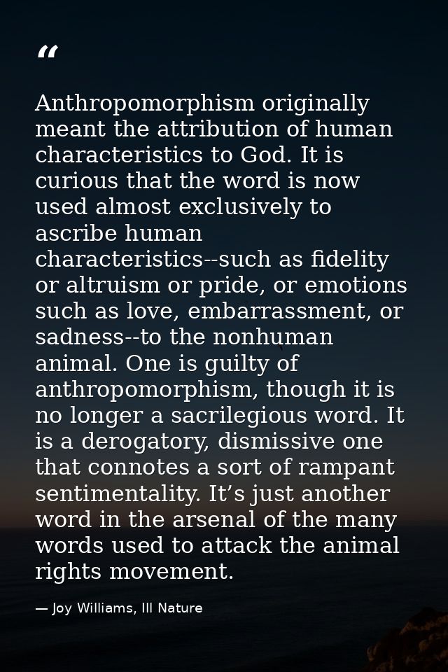 Anthropomorphism originally meant the attribution of human characteristics to God. It is curious that the word is now us — Joy Williams, Ill Nature