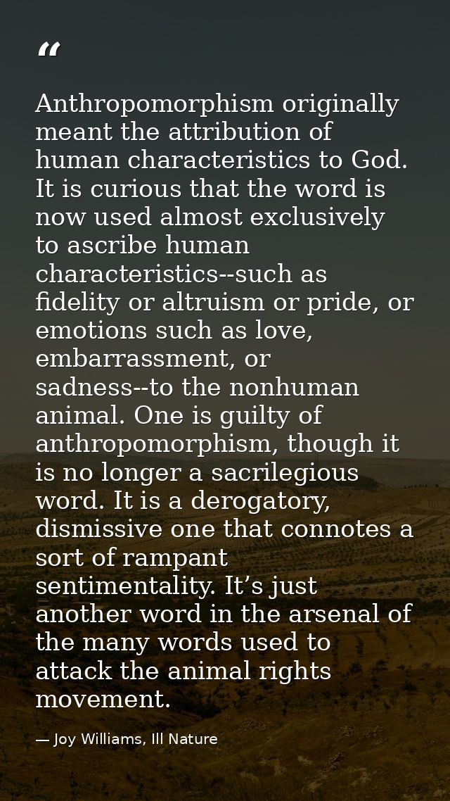 Anthropomorphism originally meant the attribution of human characteristics to God. It is curious that the word is now us — Joy Williams, Ill Nature