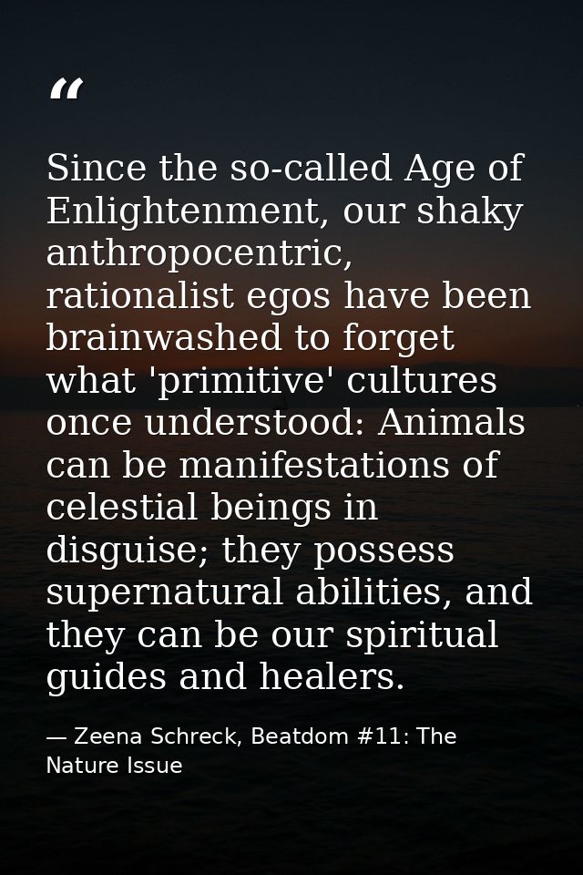 Since the so-called Age of Enlightenment, our shaky anthropocentric, rationalist egos have been brainwashed to forget wh — Zeena Schreck, Beatdom #11: The Nature Issue