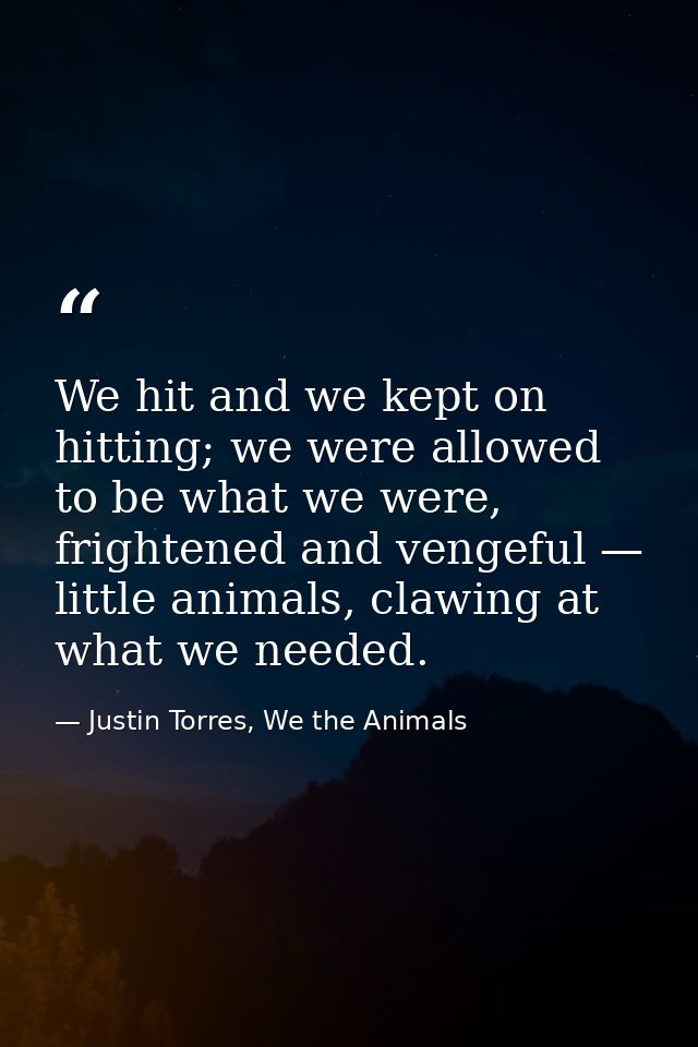 We hit and we kept on hitting; we were allowed to be what we were, frightened and vengeful — little animals, clawing at  — Justin Torres, We the Animals