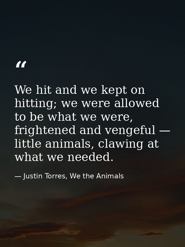 We hit and we kept on hitting; we were allowed to be what we were, frightened and vengeful — little animals, clawing at  — Justin Torres, We the Animals