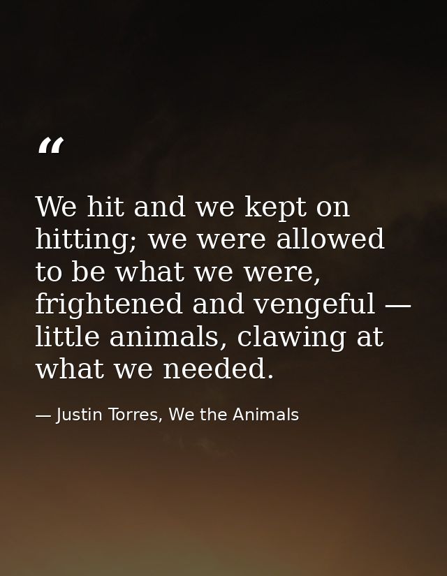 We hit and we kept on hitting; we were allowed to be what we were, frightened and vengeful — little animals, clawing at  — Justin Torres, We the Animals