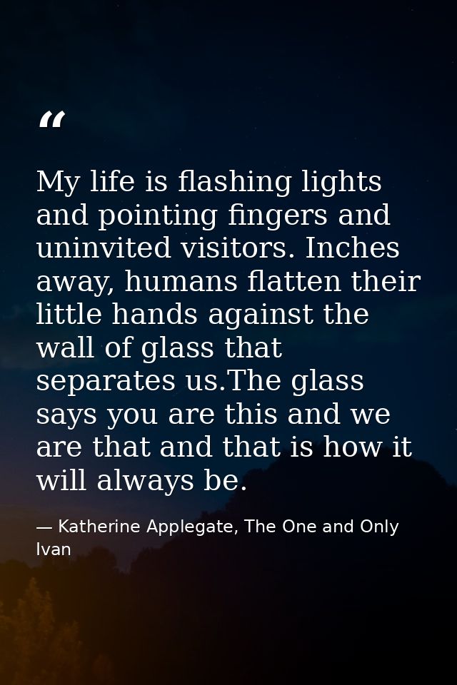 My life is flashing lights and pointing fingers and uninvited visitors. Inches away, humans flatten their little hands a — Katherine Applegate, The One and Only Ivan