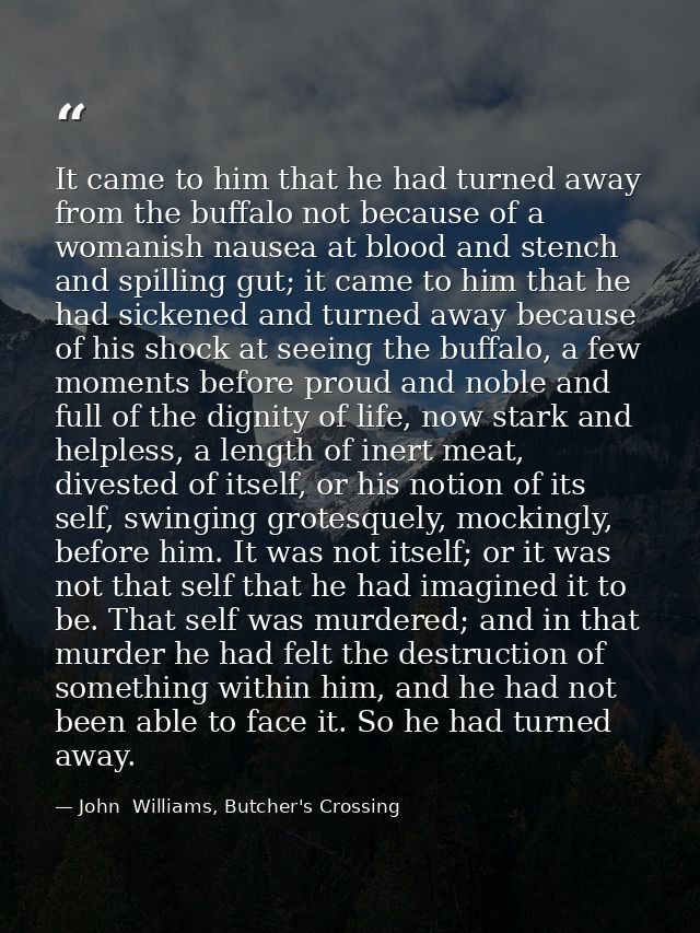 It came to him that he had turned away from the buffalo not because of a womanish nausea at blood and stench and spillin — John  Williams, Butcher's Crossing
