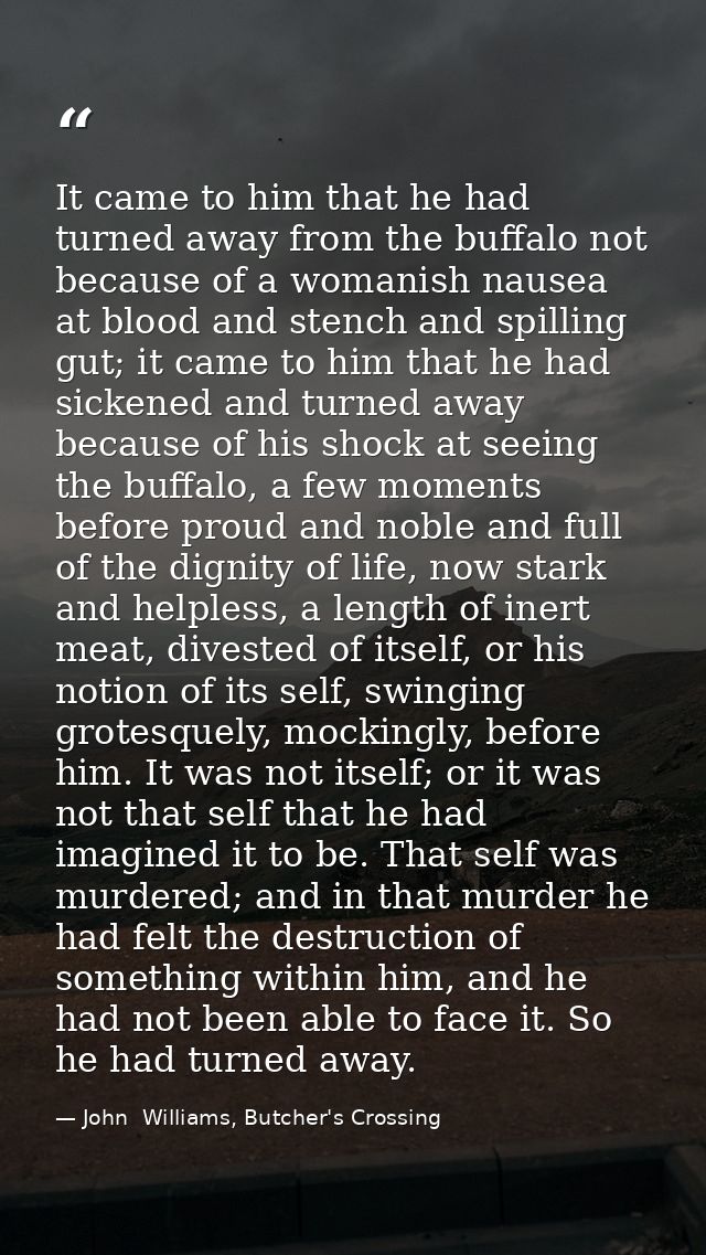 It came to him that he had turned away from the buffalo not because of a womanish nausea at blood and stench and spillin — John  Williams, Butcher's Crossing