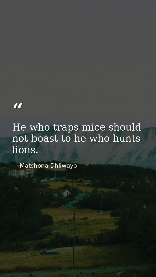 He who traps mice should not boast to he who hunts lions. — Matshona Dhliwayo