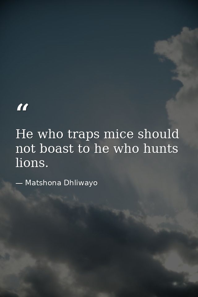 He who traps mice should not boast to he who hunts lions. — Matshona Dhliwayo